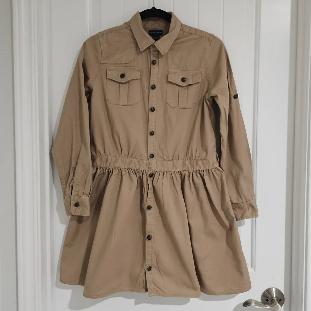 Girl's Ralph Lauren Khaki Collared Long‎ Sleeve Button Flare Skirt Dress sz 16